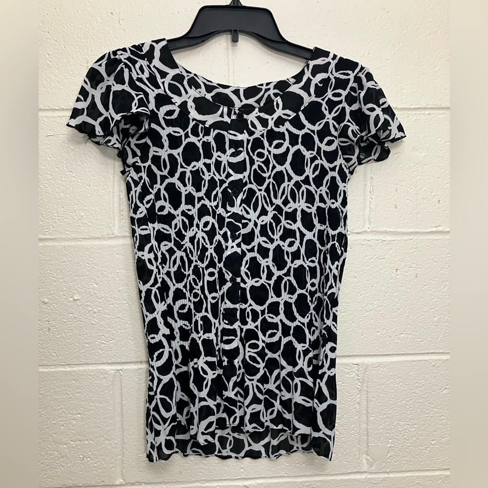 Sere Nade Blouse Black White Pleated Short Sleeve Button Down Top M